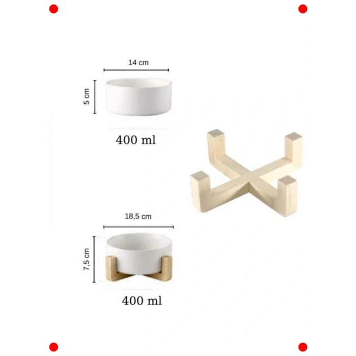 Ahşap Standlı Seramik Mama & Su Kabı (Tekli, Beyaz)