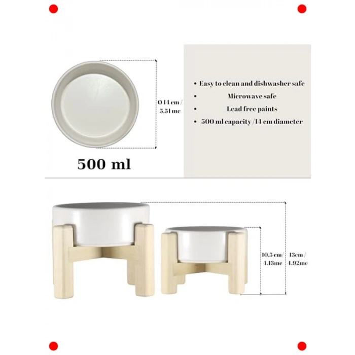 Ahşap Standlı Seramik Mama ve Su Kabı (Çift Taraflı)