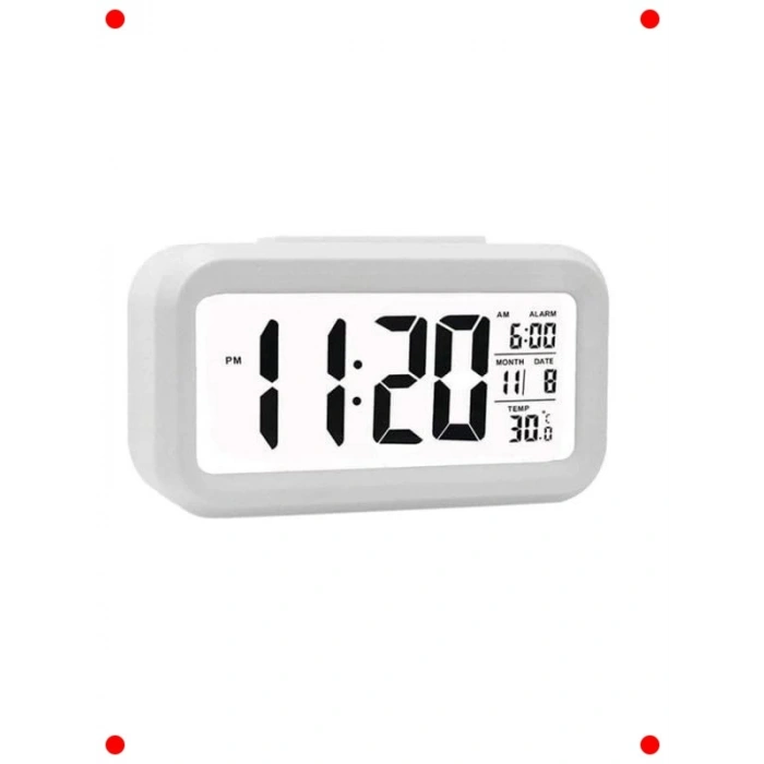 Akıllı Dijital Masa Saati Alarmlı Karanlık Sensörlü Beyaz