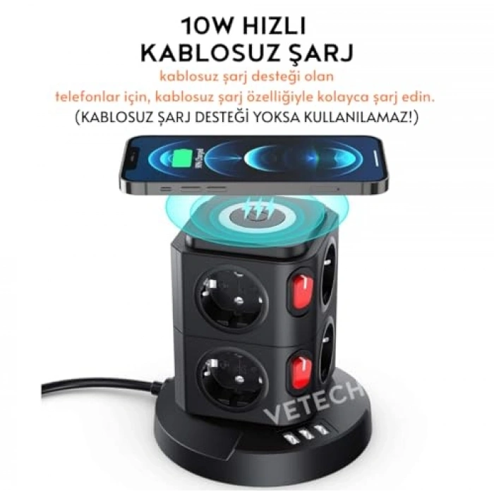 Akım Korumalı Priz Kule Tipi - 8 Priz ve Kablosuz Şarj