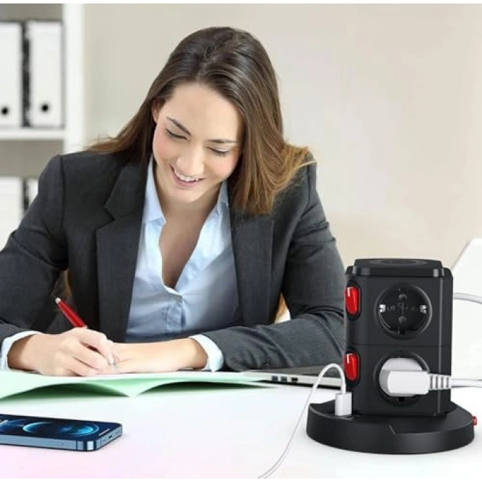 Akım Korumalı Priz Kule Tipi - 8 Priz ve Kablosuz Şarj