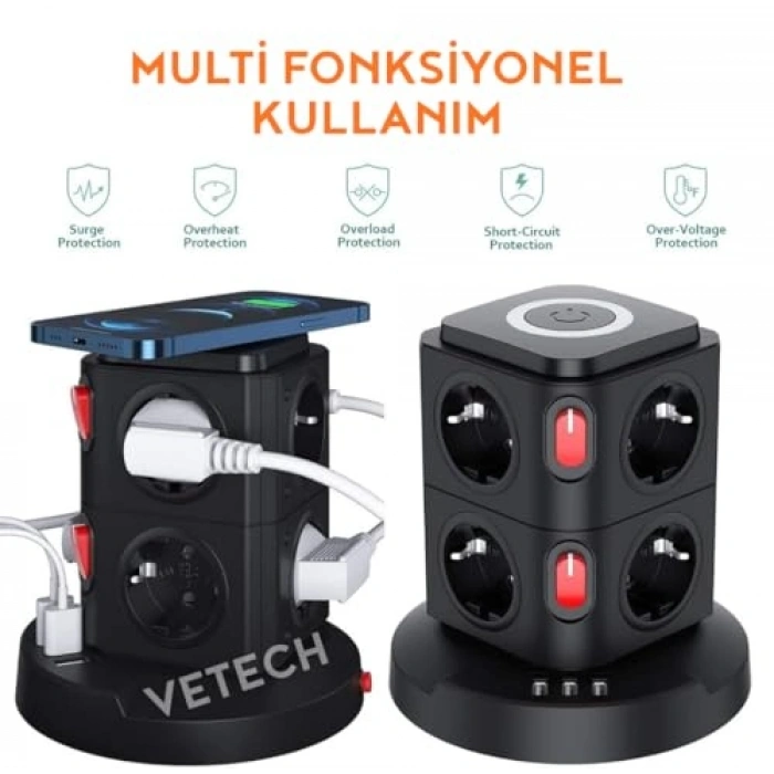 Akım Korumalı Priz Kule Tipi - 8 Priz ve Kablosuz Şarj
