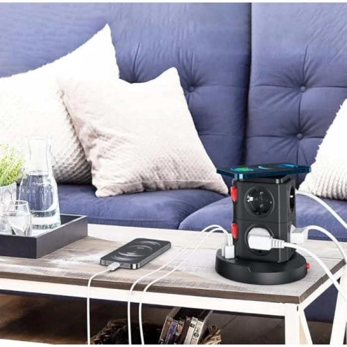 Akım Korumalı Priz Kule Tipi - 8 Priz ve Kablosuz Şarj