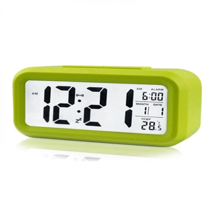 Alarmlı Akıllı Dijital Masa Saati, Fotoselli Sensörlü, Yeşil
