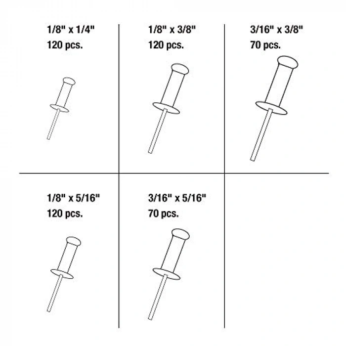 Alüminyum Perçin Seti, 500 Parça Çeşitli Boyutlarda