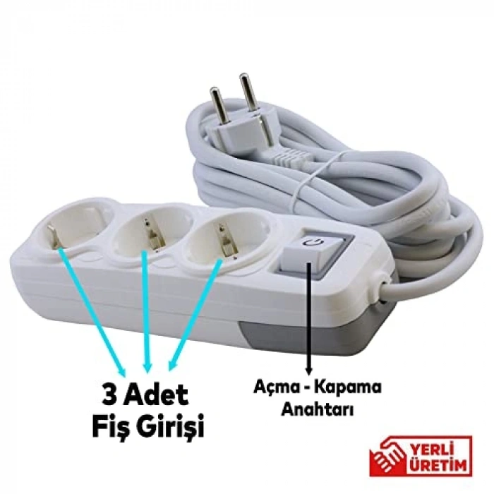 Anahtarlı 3lü Grup Priz, 7 Metre Uzatma Kablosu ile
