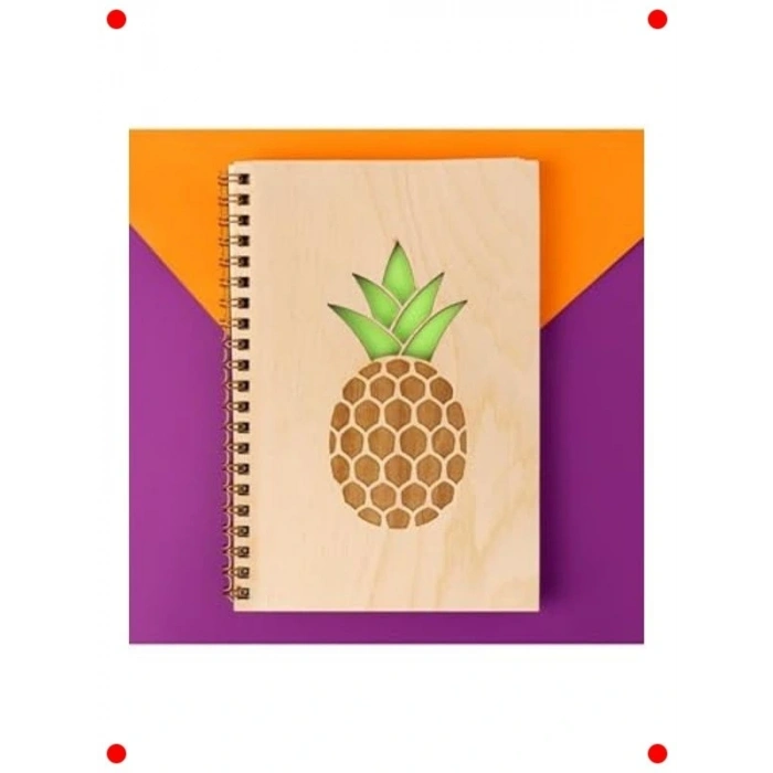 Ananas Desenli Ahşap Kapaklı Not Defteri