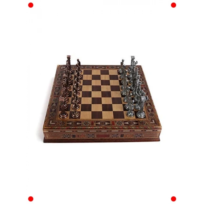 Antik Bakır Satranç Seti - Masif Ahşap Sandıklı Tahta