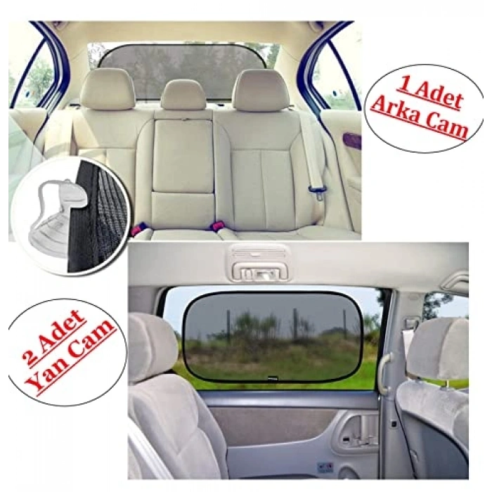 Araç Güneşlik Perde Seti, 3 Parça Vantuzlu Tasarım