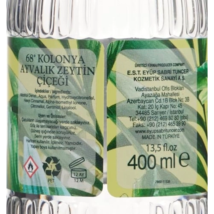 Ayvalık Zeytin Çiçeği Kolonyası Silindir Pet şişe (400 ml)