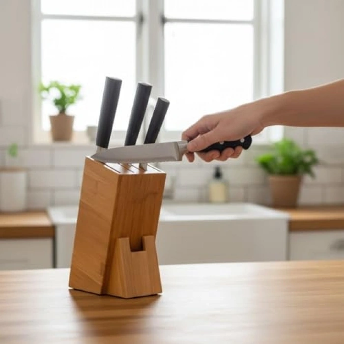 Bambu Ahşap Bıçak Standı, 220 mm Eğik Tasarım