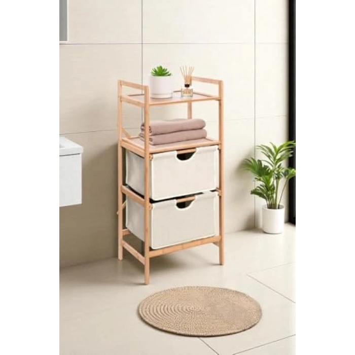 Bambu İki Raflı Çekmeceli Banyo Düzenleyici Dolap Komodin