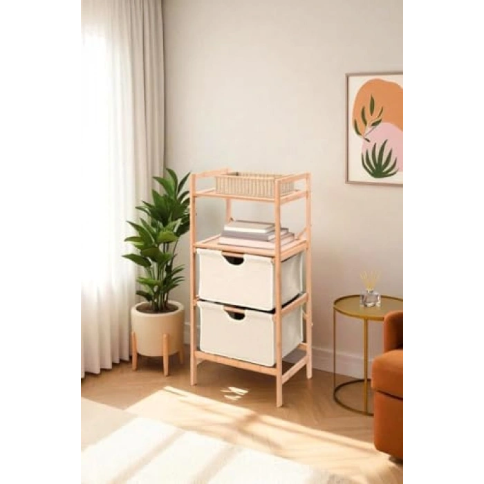 Bambu İki Raflı Çekmeceli Banyo Düzenleyici Dolap Komodin