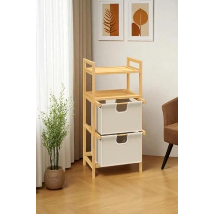 Bambu İki Raflı Çekmeceli Banyo Düzenleyici Dolap Komodin