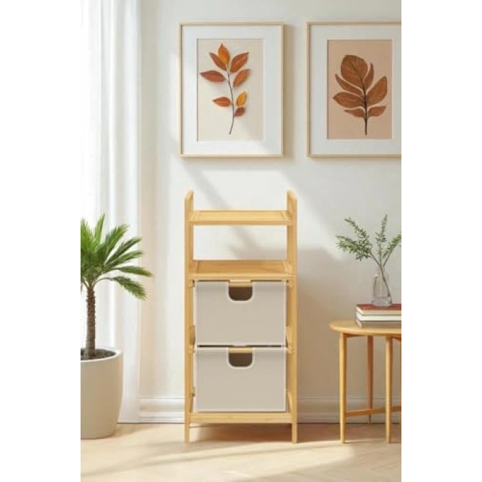 Bambu İki Raflı Çekmeceli Banyo Düzenleyici Dolap Komodin