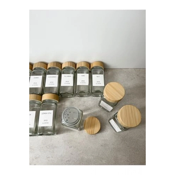 Bambu Kapaklı Kare Cam Baharatlık Seti, 12li ve Etiketli