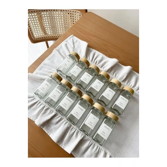 Bambu Kapaklı Kare Cam Baharatlık Seti, 12li ve Etiketli