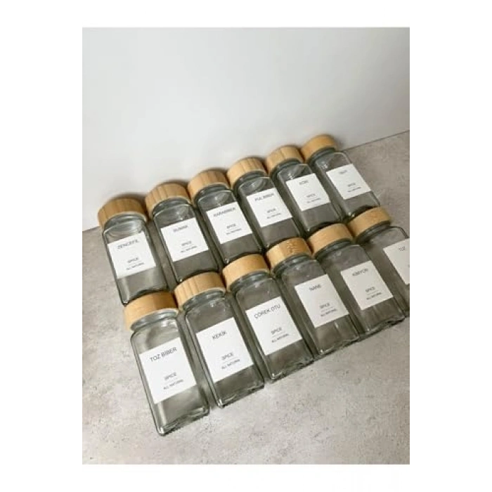 Bambu Kapaklı Kare Cam Baharatlık Seti, 12li ve Etiketli