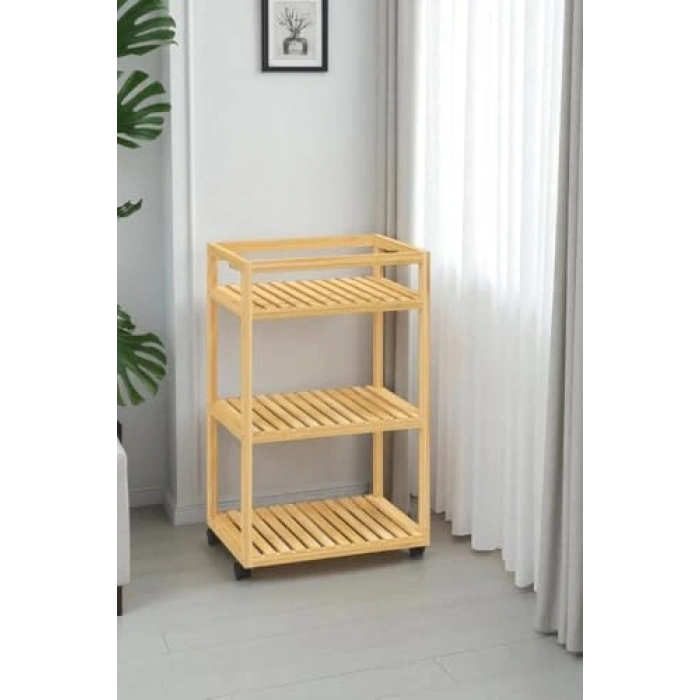 Bambu Sunum Servis Arabası - 3 Raflı, Tekerlekli