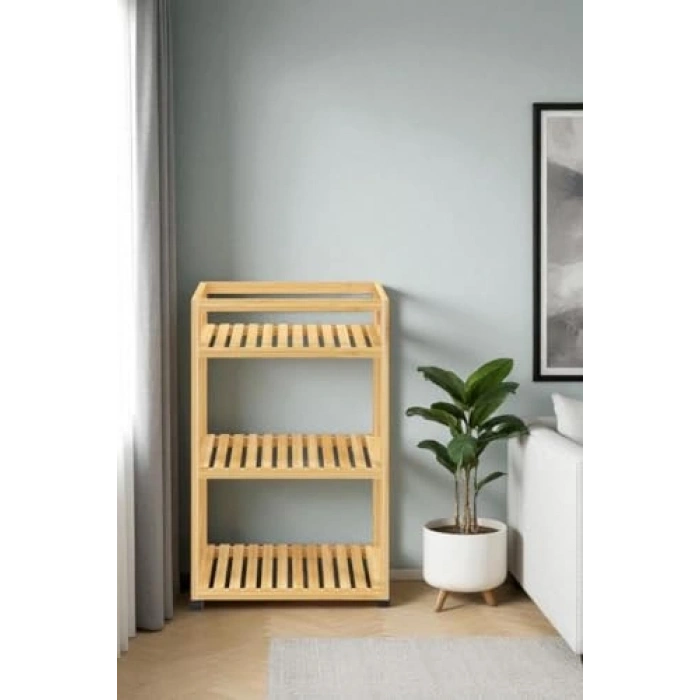 Bambu Sunum Servis Arabası - 3 Raflı, Tekerlekli