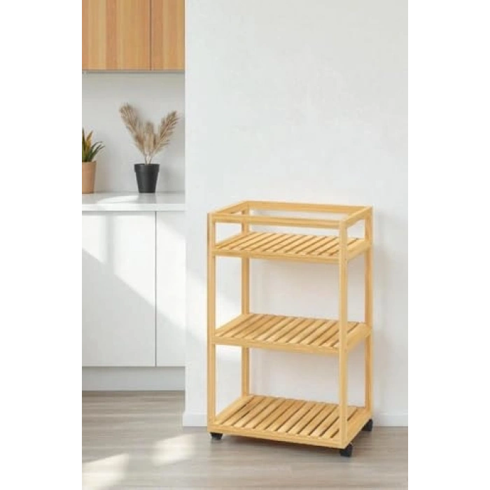 Bambu Sunum Servis Arabası - 3 Raflı, Tekerlekli