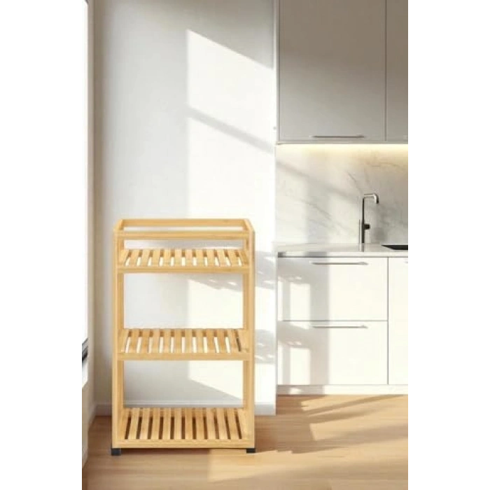Bambu Sunum Servis Arabası - 3 Raflı, Tekerlekli