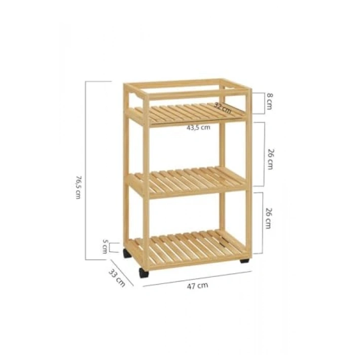 Bambu Sunum Servis Arabası - 3 Raflı, Tekerlekli