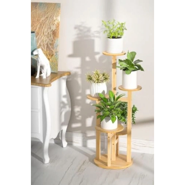 Bambu Yuvarlak Formda 5 Raflı Saksılık, Şık ve Kullanışlı