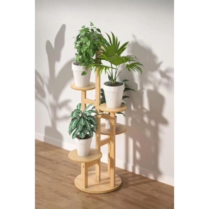 Bambu Yuvarlak Formda 5 Raflı Saksılık, Şık ve Kullanışlı