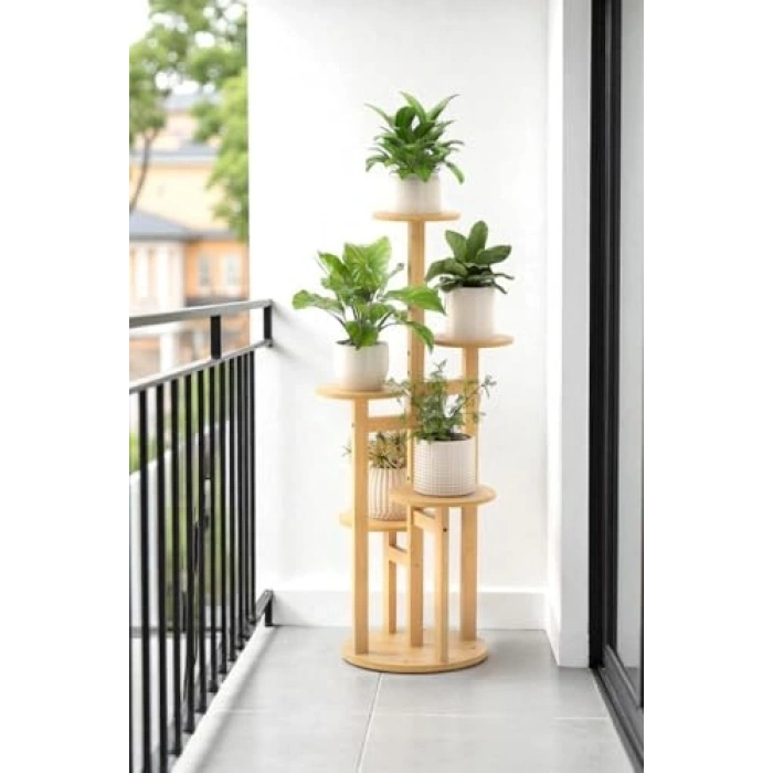 Bambu Yuvarlak Formda 5 Raflı Saksılık, Şık ve Kullanışlı
