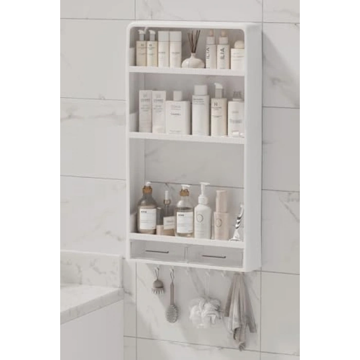 Banyo ve Mutfak İçin 3 Katlı Yapışkanlı Duvar Rafı, 2 Çekmeceli