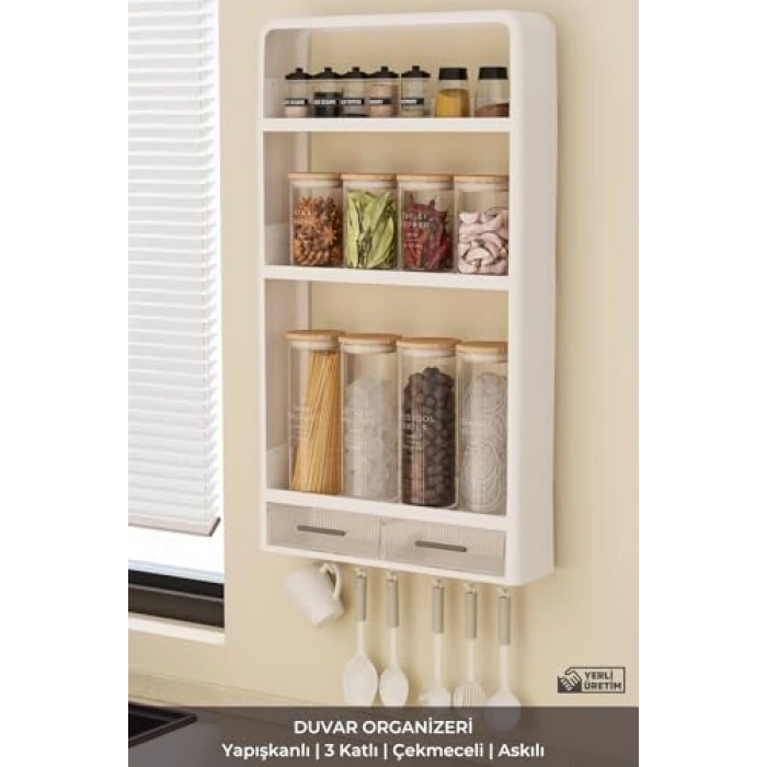 Banyo ve Mutfak İçin 3 Katlı Yapışkanlı Duvar Rafı, 2 Çekmeceli