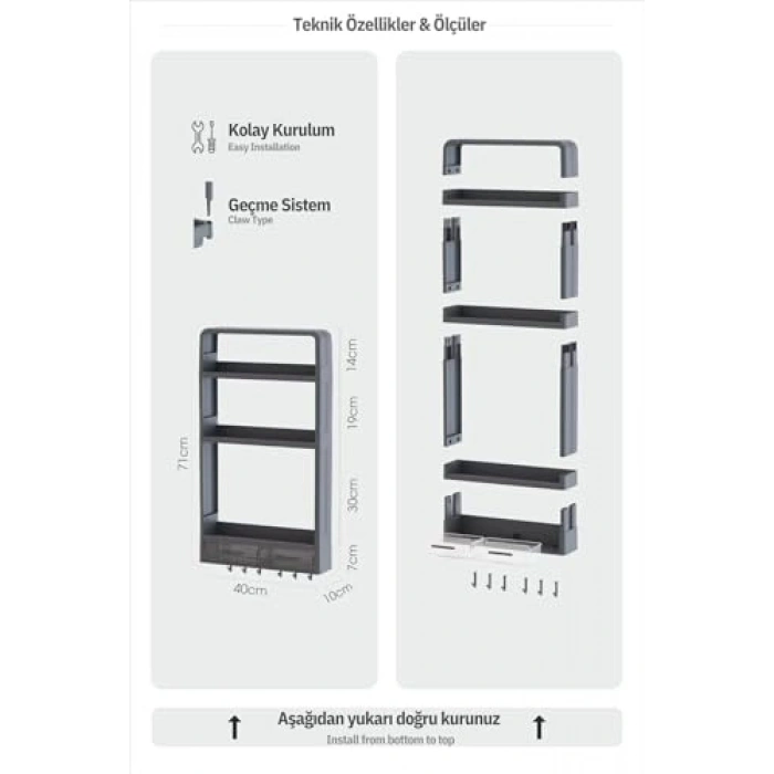 Banyo ve Mutfak İçin 3 Katlı Yapışkanlı Duvar Rafı, 2 Çekmeceli