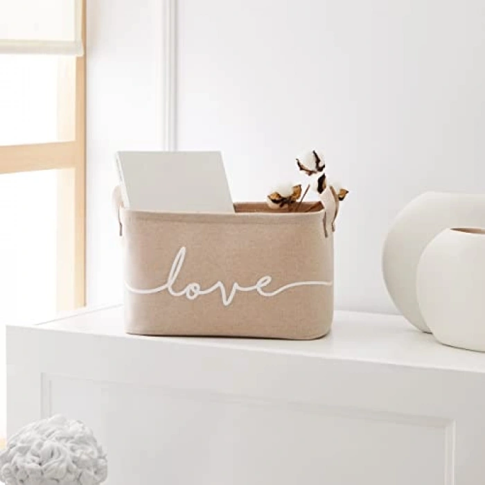 Bej Love Temalı Dikdörtgen Sepet, 30x21x18 cm