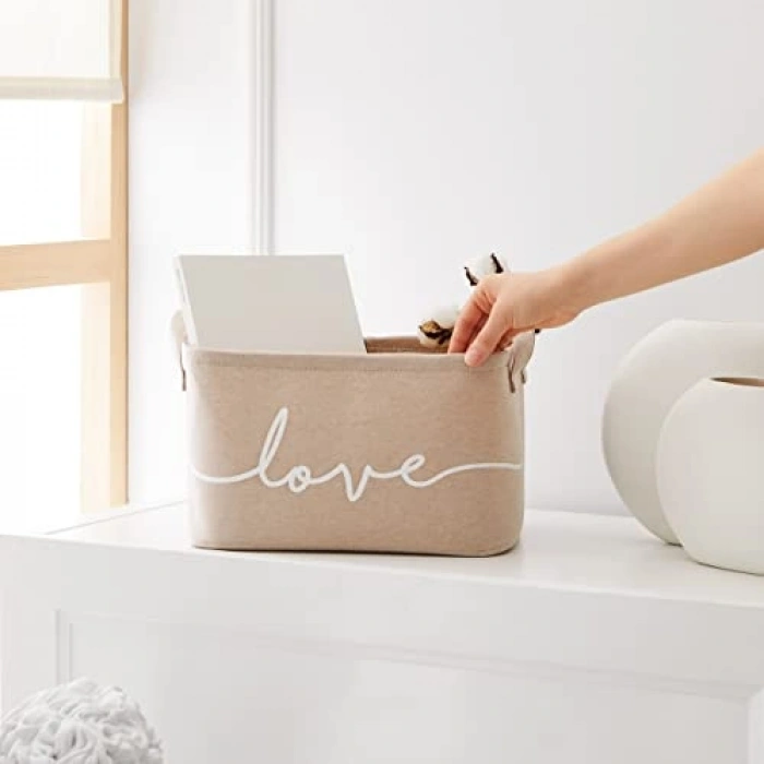 Bej Love Temalı Dikdörtgen Sepet, 30x21x18 cm