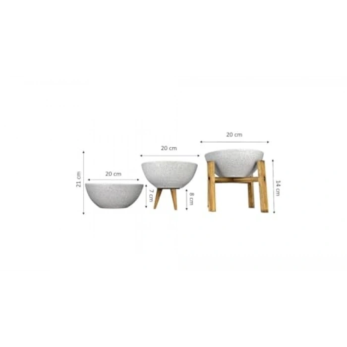 Beyaz Granit Aranjman Sunumluk Toprak Saksı - Üçlü Set 20 cm