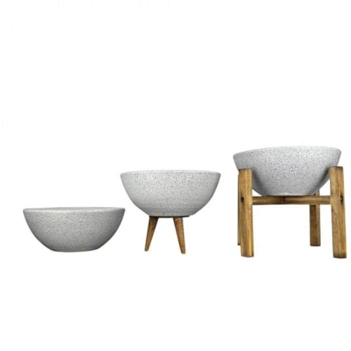 Beyaz Granit Aranjman Sunumluk Toprak Saksı - Üçlü Set 20 cm