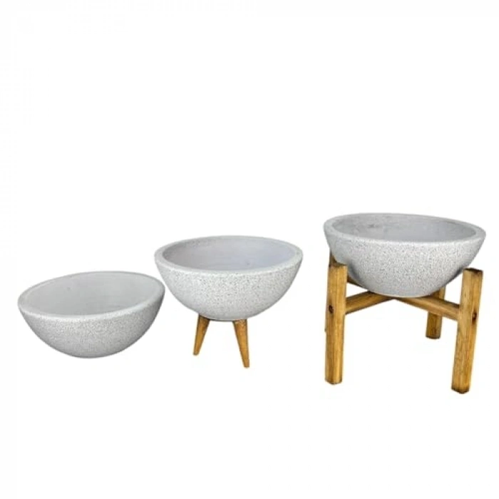 Beyaz Granit Aranjman Sunumluk Toprak Saksı - Üçlü Set 20 cm