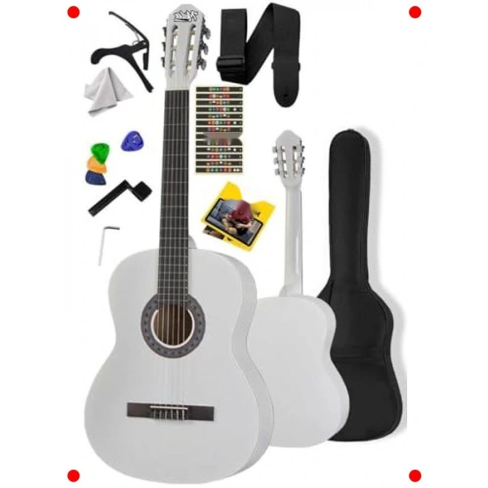 Beyaz Klasik Gitar Seti - 4/4 Yetişkin Boy, Ayarlı Sap