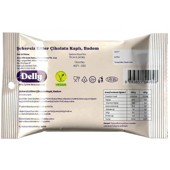 Bitter Çikolata ile Kaplı Şekersiz Badem Atıştırmalığı