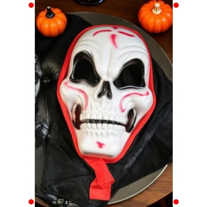 Cadılar Bramı İskelet Tüllü Kırmızı Beyaz Maske