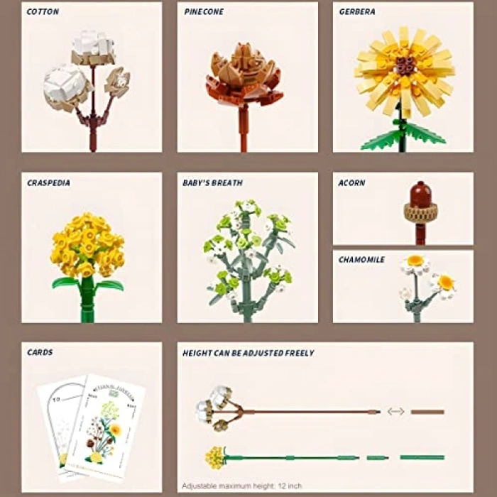 Çiçek Buketi Yapı Seti, 646 Parça ile Yetişkinler İçin Botanik Koleksiyonu