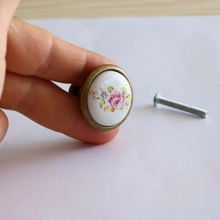 Çiçekli Porselen Kulp - Mutfak Dolabı Çekmece Kulpları