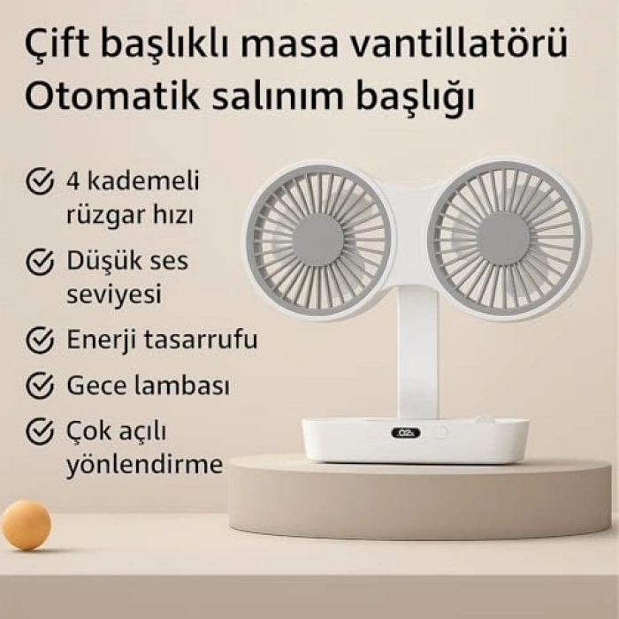 Çift Başlı USB Şarjlı Fan, LED Gece Lambası ile Uzun Çalışma Süresi
