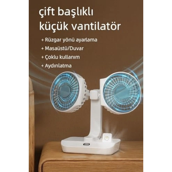 Çift Başlı USB Şarjlı Fan, LED Gece Lambası ile Uzun Çalışma Süresi