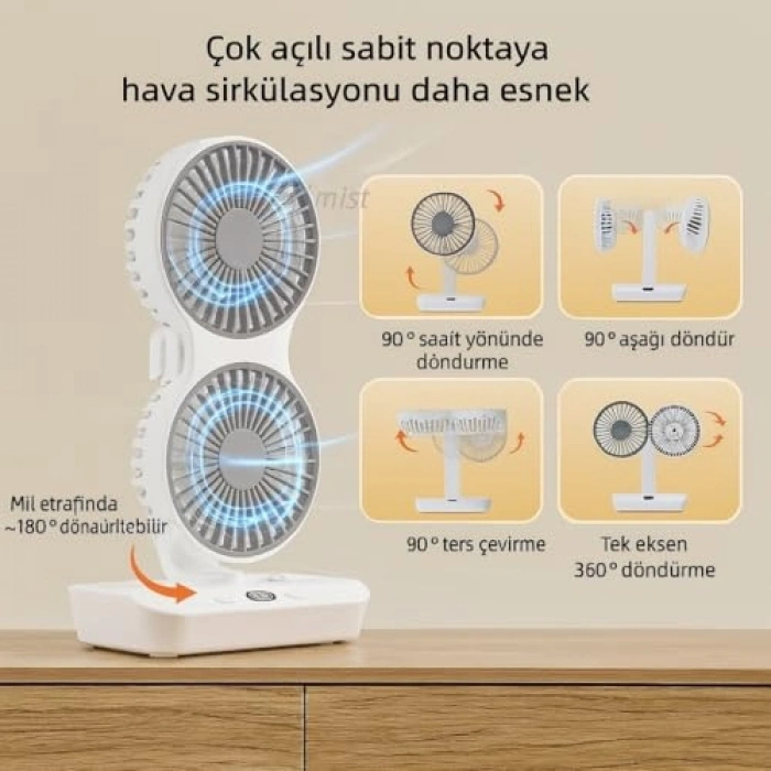 Çift Başlı USB Şarjlı Fan, LED Gece Lambası ile Uzun Çalışma Süresi