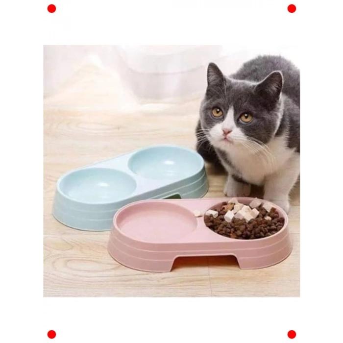 Çift Bölmeli Evcil Hayvan Mama Kabı (Mavi)