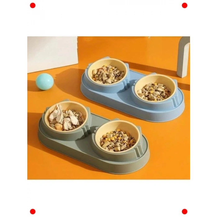 Çift Hazneli Kaymaz Kedi Köpek Mama Su Kabı - Mavi