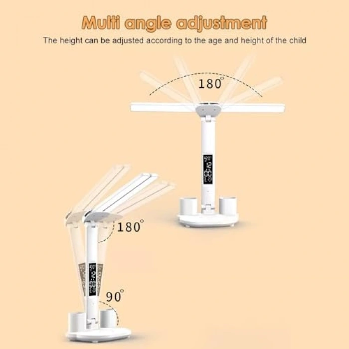 Çift Kafa Ayarlanabilir Dokunmatik LED Masa Lambası, Dijital Saatli