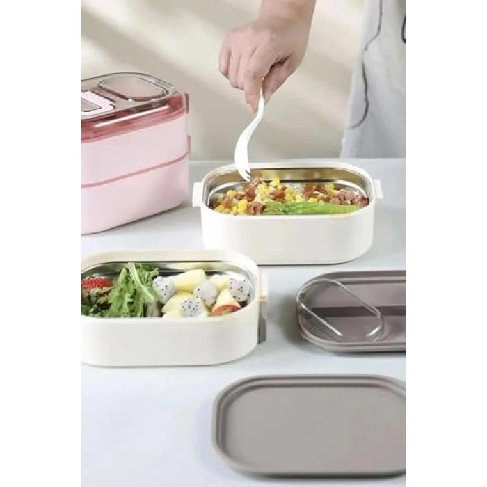 Çift Katlı 1000ml Çelik Sefer Tası, 3 Bölmeli Lunchbox